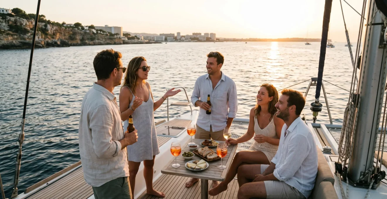 Boat party al tramonto con gruppo di persone che fanno aperitivo su imbarcazione al largo di Magaluf
