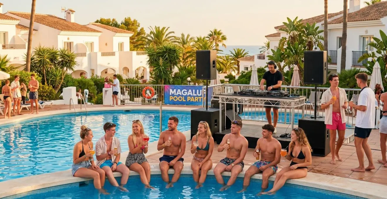 Gruppo di giovani che si rilassano intorno a una piscina con DJ che si esibisce sullo sfondo in un resort di Magaluf durante il pomeriggio dorato