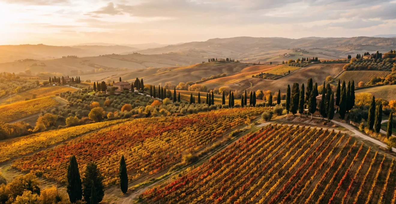 Paesaggio toscano in autunno con vigneti dai colori dorati e cipressi caratteristici