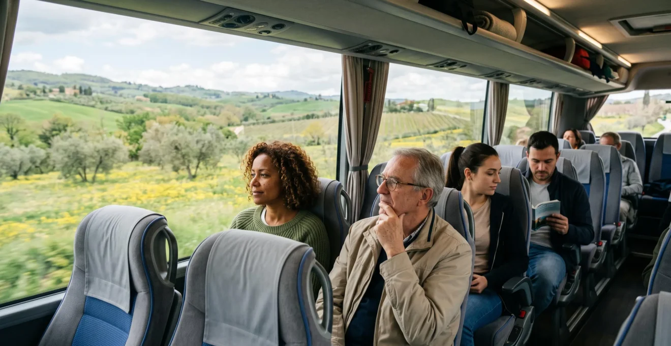 Passeggeri all'interno di un pullman turistico che osservano il paesaggio toscano primaverile attraverso i finestrini
