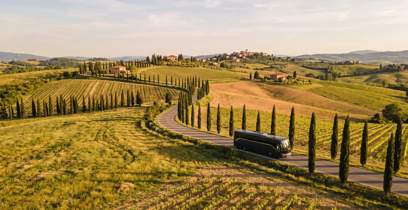 Bus turistico che percorre una strada di campagna attraverso il paesaggio toscano con cipressi e vigneti