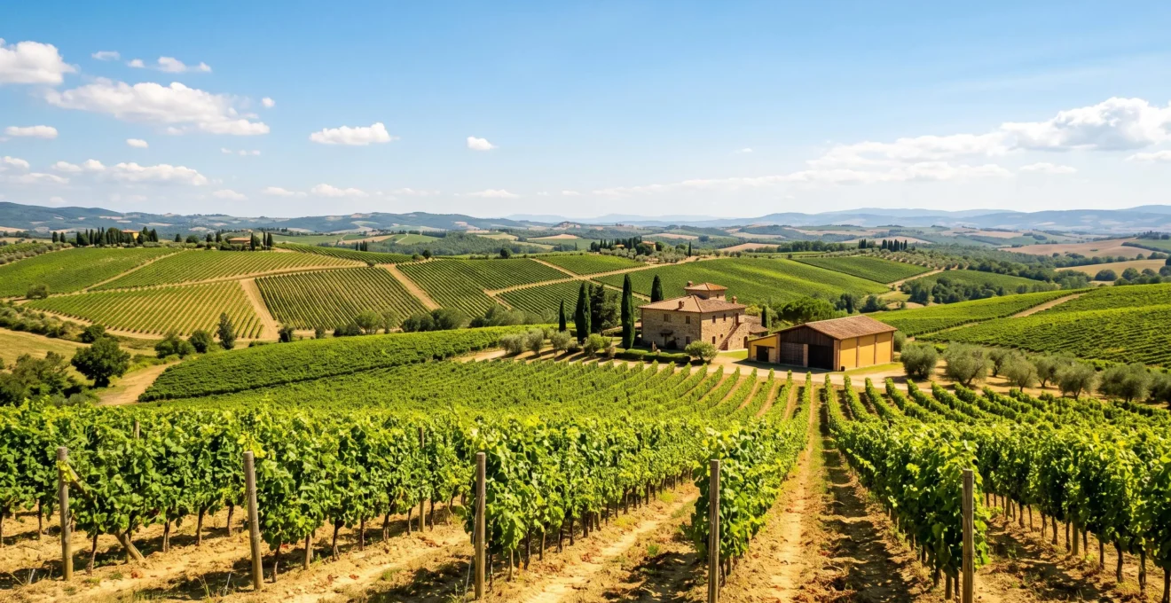 Vigneti toscani in piena estate con filari rigogliosi e casale tradizionale sulle colline
